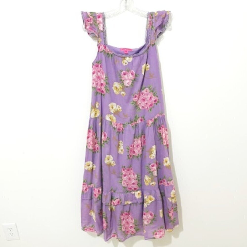 Betsey Johnson Midi Dress Purple Floral Tiered Sundress Cottagecore Size XS